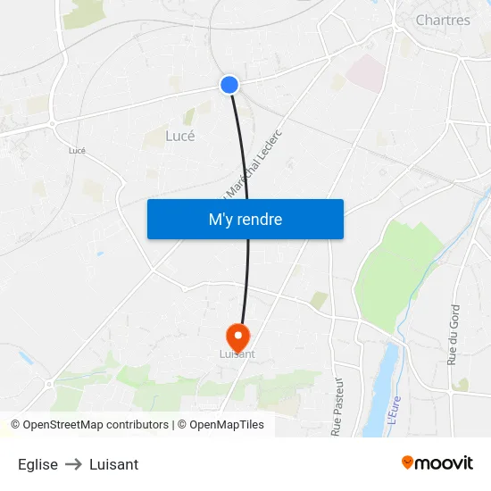 Eglise to Luisant map