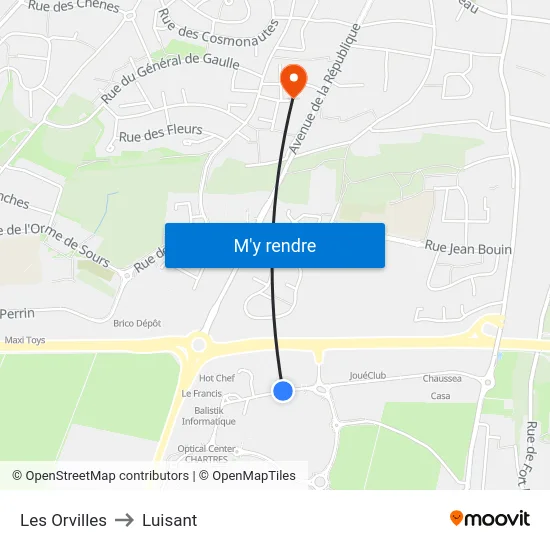 Les Orvilles to Luisant map