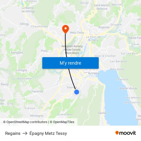 Regains to Épagny Metz Tessy map