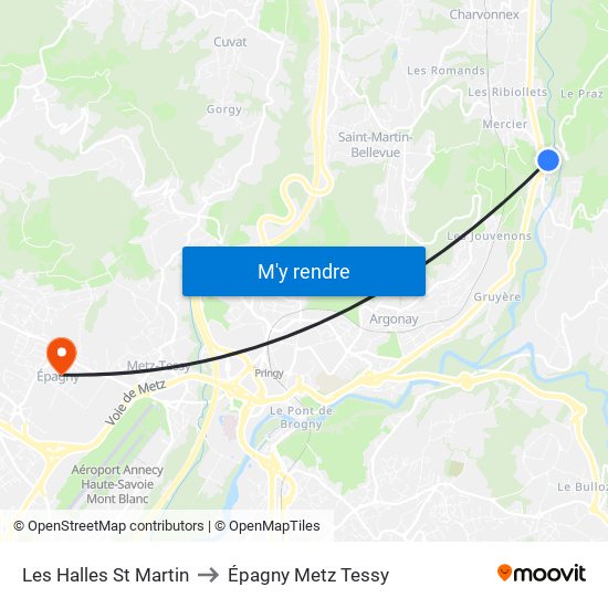 Les Halles St Martin to Épagny Metz Tessy map