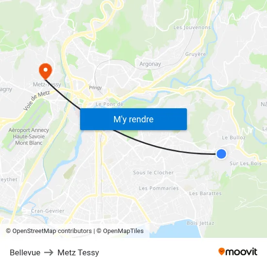 Bellevue to Metz Tessy map