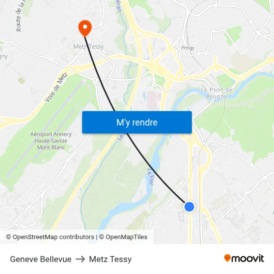 Geneve Bellevue to Metz Tessy map