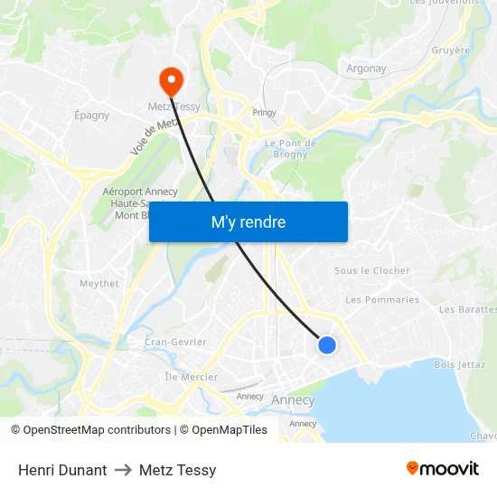 Henri Dunant to Metz Tessy map