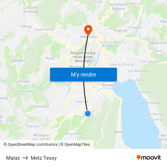 Malaz to Metz Tessy map