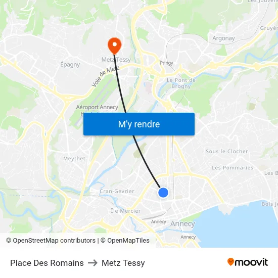 Place Des Romains to Metz Tessy map