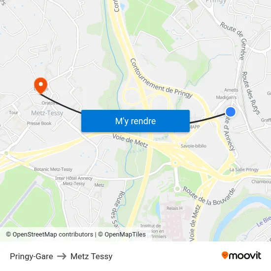 Pringy-Gare to Metz Tessy map