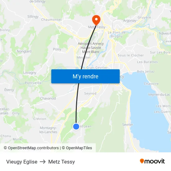 Vieugy Eglise to Metz Tessy map