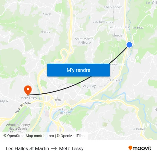 Les Halles St Martin to Metz Tessy map