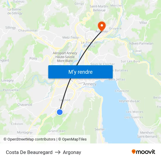 Costa De Beauregard to Argonay map