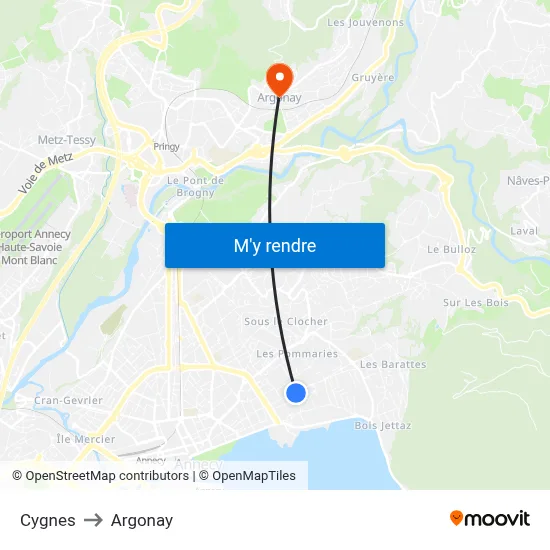 Cygnes to Argonay map