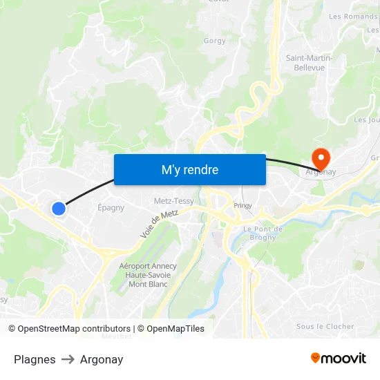 Plagnes to Argonay map