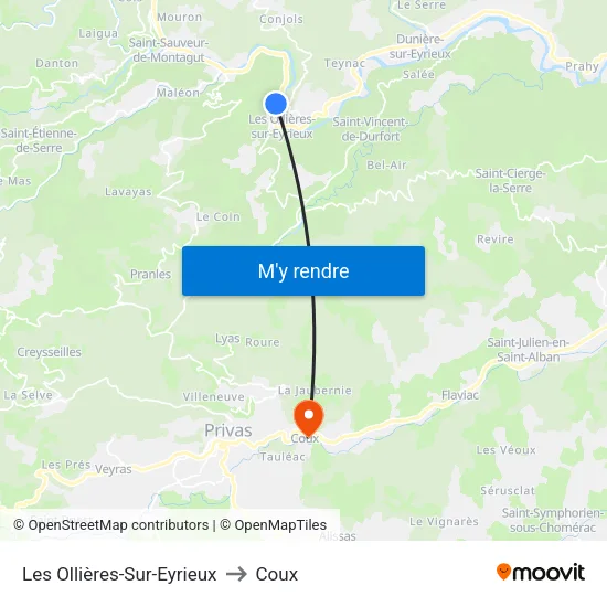 Les Ollières-Sur-Eyrieux to Coux map