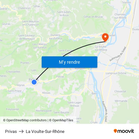 Privas to La Voulte-Sur-Rhône map