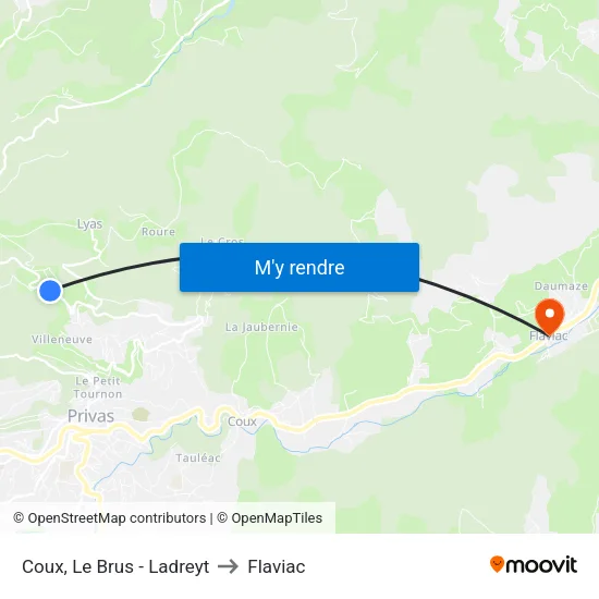 Coux, Le Brus - Ladreyt to Flaviac map