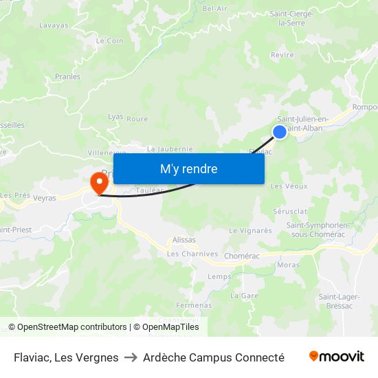 Flaviac, Les Vergnes to Ardèche Campus Connecté map
