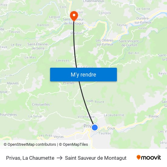 Privas, La Chaumette to Saint Sauveur de Montagut map