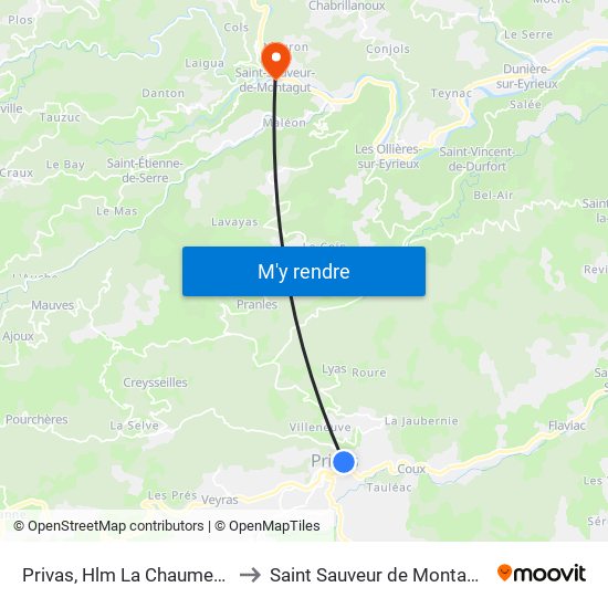 Privas, Hlm La Chaumette to Saint Sauveur de Montagut map