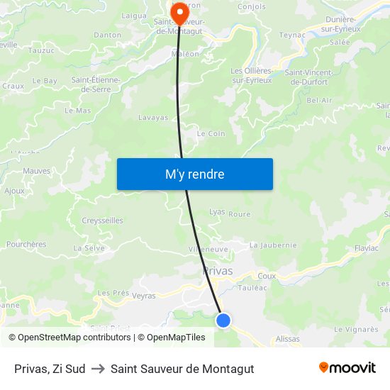 Privas, Zi Sud to Saint Sauveur de Montagut map