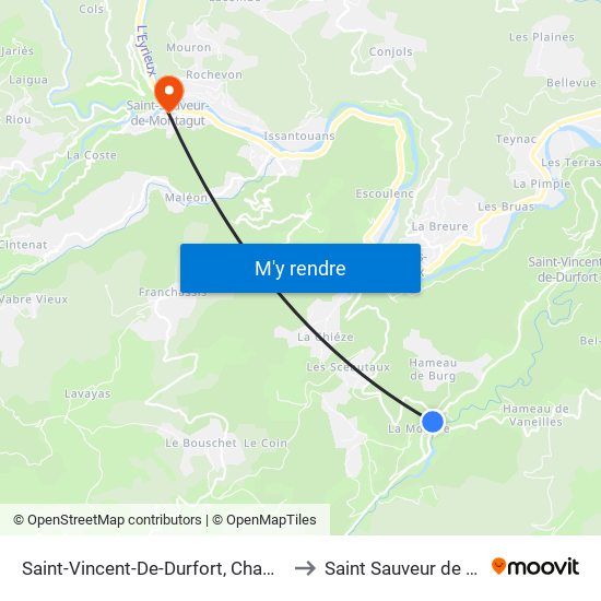 Saint-Vincent-De-Durfort, Chambon De Bavas to Saint Sauveur de Montagut map