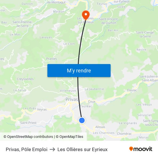 Privas, Pôle Emploi to Les Ollières sur Eyrieux map
