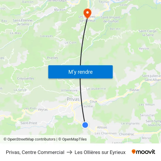 Privas, Centre Commercial to Les Ollières sur Eyrieux map