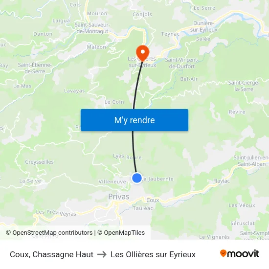 Coux, Chassagne Haut to Les Ollières sur Eyrieux map