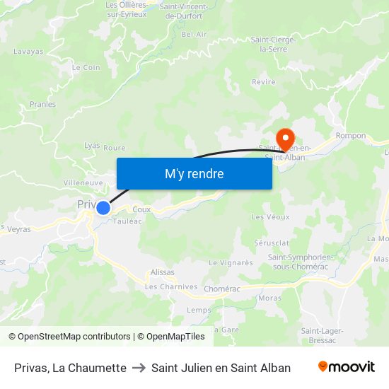 Privas, La Chaumette to Saint Julien en Saint Alban map
