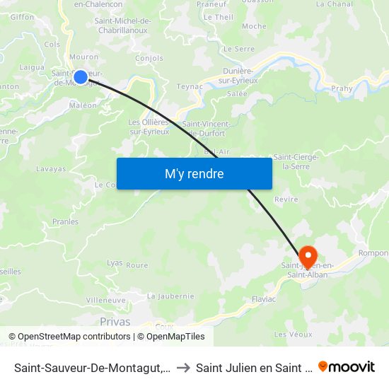 Saint-Sauveur-De-Montagut, Centre to Saint Julien en Saint Alban map