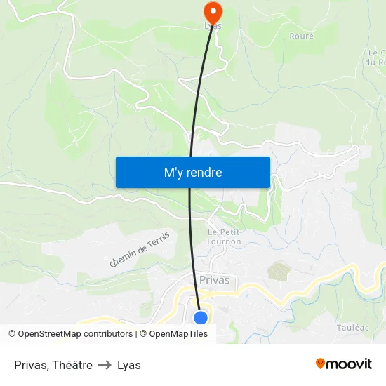 Privas, Théâtre to Lyas map