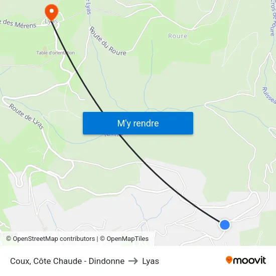 Coux, Côte Chaude - Dindonne to Lyas map