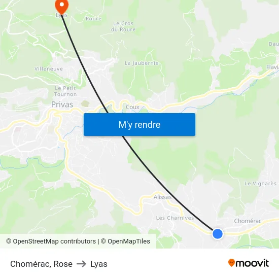 Chomérac, Rose to Lyas map