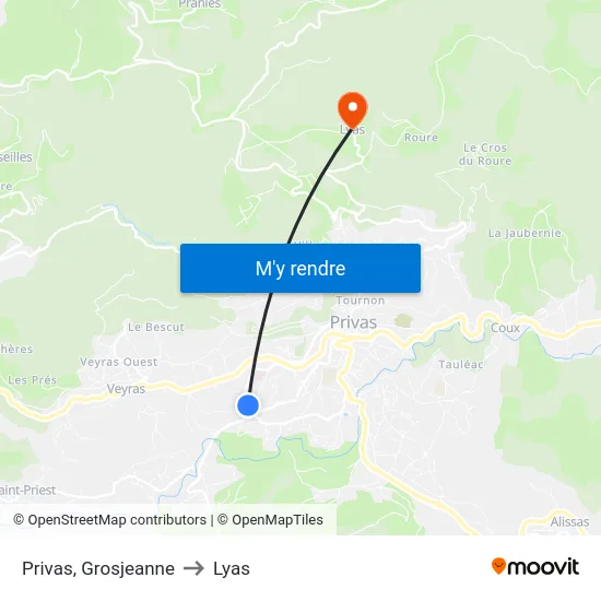 Privas, Grosjeanne to Lyas map