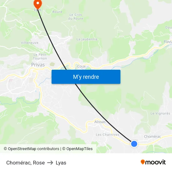 Chomérac, Rose to Lyas map