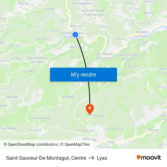 Saint-Sauveur-De-Montagut, Centre to Lyas map