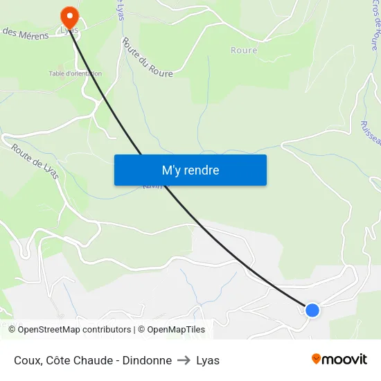 Coux, Côte Chaude - Dindonne to Lyas map
