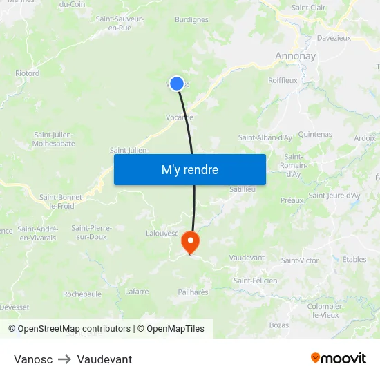Vanosc to Vaudevant map