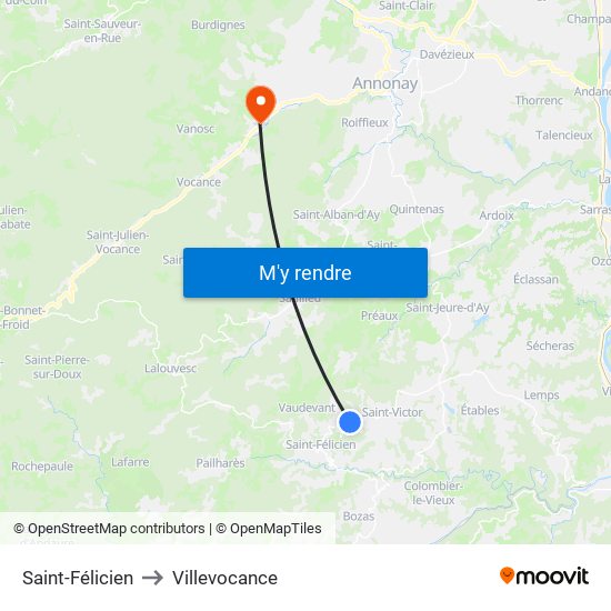 Saint-Félicien to Villevocance map