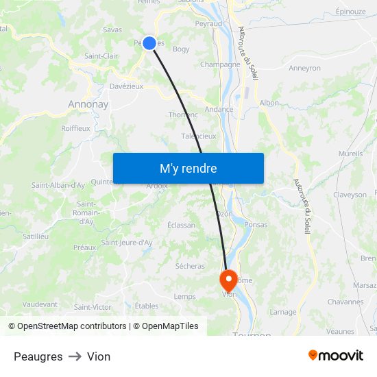 Peaugres to Vion map