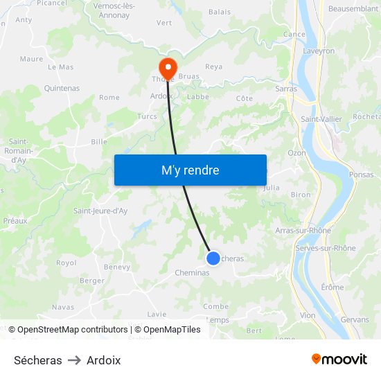 Sécheras to Ardoix map