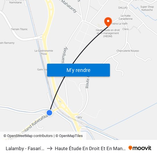 Lalamby - Fasan'Ny Karana to Haute Étude En Droit Et En Management (Hedm) map
