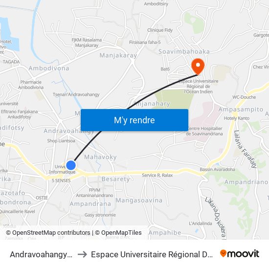 Andravoahangy Ambony to Espace Universitaire Régional De L'Océan Indien map