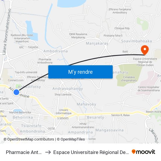 Pharmacie Antanimena to Espace Universitaire Régional De L'Océan Indien map