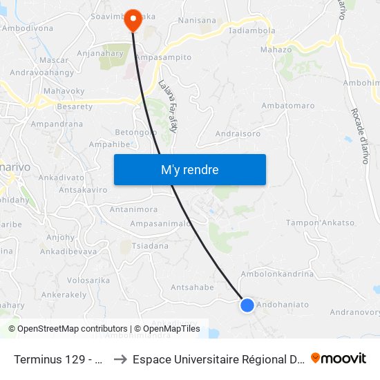 Terminus 129 - Ambohipo to Espace Universitaire Régional De L'Océan Indien map