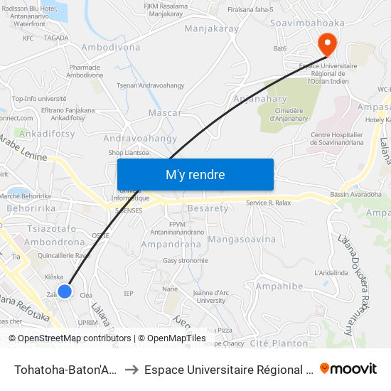 Tohatoha-Baton'Ambondrona to Espace Universitaire Régional De L'Océan Indien map