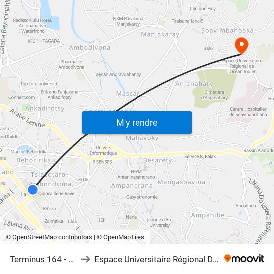 Terminus 164 - Analakely to Espace Universitaire Régional De L'Océan Indien map