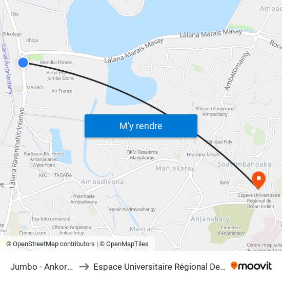 Jumbo - Ankorondrano to Espace Universitaire Régional De L'Océan Indien map