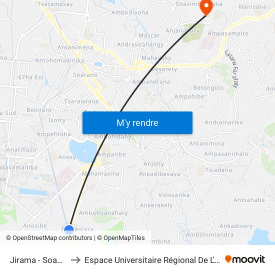 Jirama - Soanierana to Espace Universitaire Régional De L'Océan Indien map
