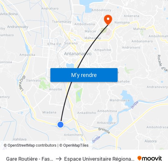 Gare Routière - Fasan'Ny Karana to Espace Universitaire Régional De L'Océan Indien map