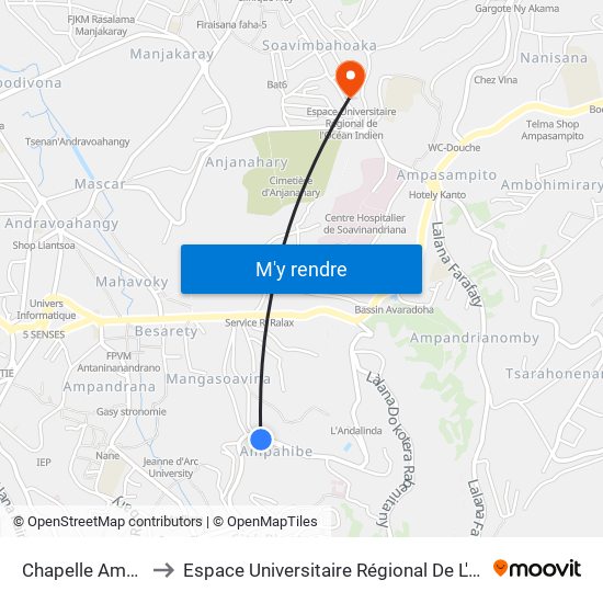 Chapelle Ampahibe to Espace Universitaire Régional De L'Océan Indien map