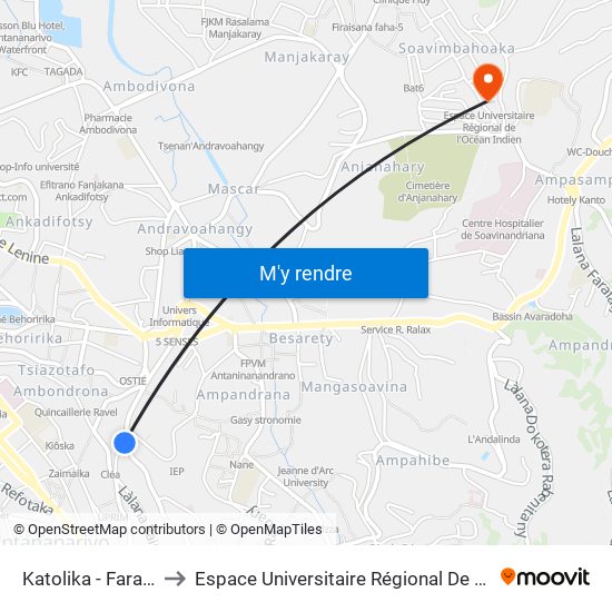 Katolika - Faravohitra to Espace Universitaire Régional De L'Océan Indien map